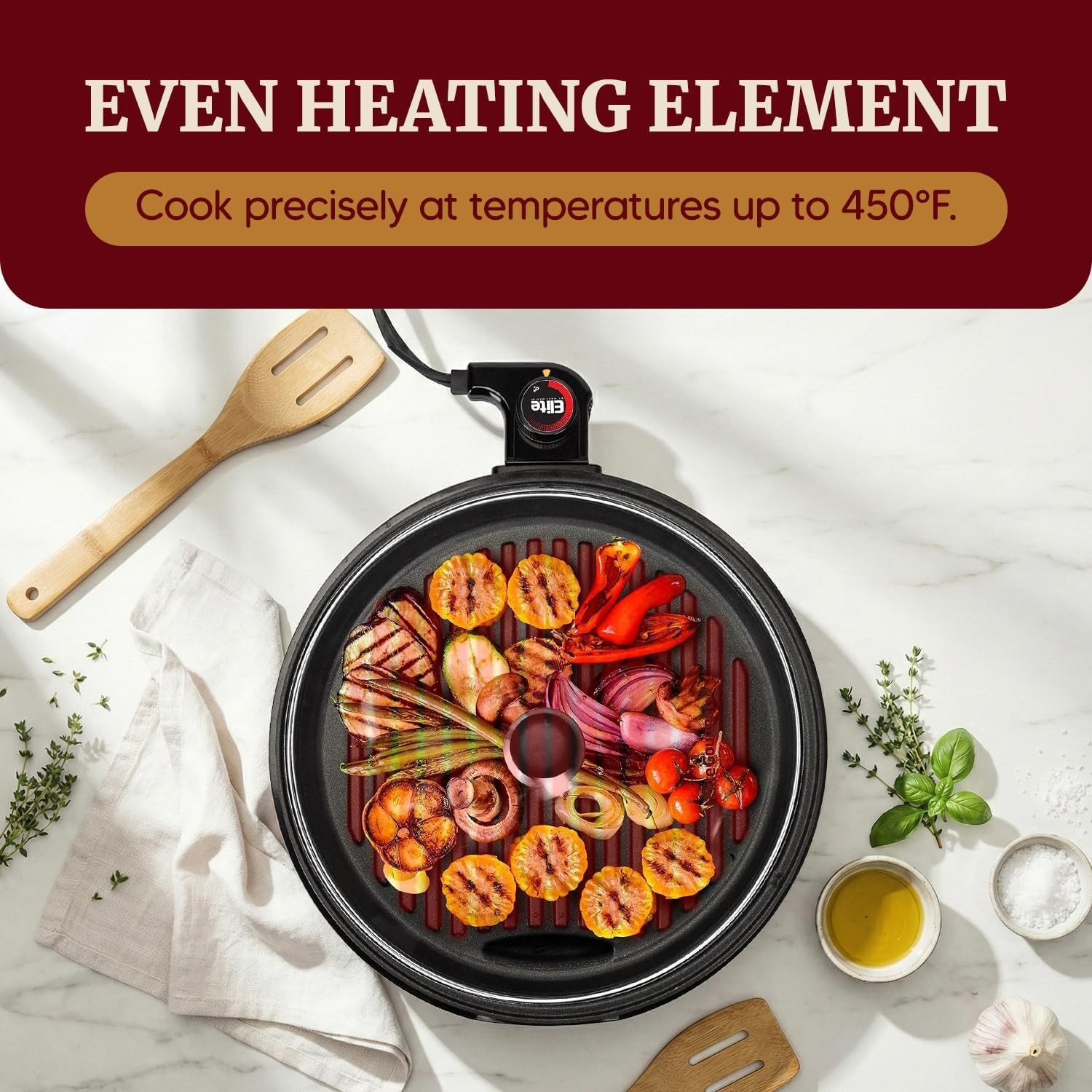Indoor BBQ Grill 12″ with Glass Lid & Dishwasher Safe Parts – Quick Heat Up