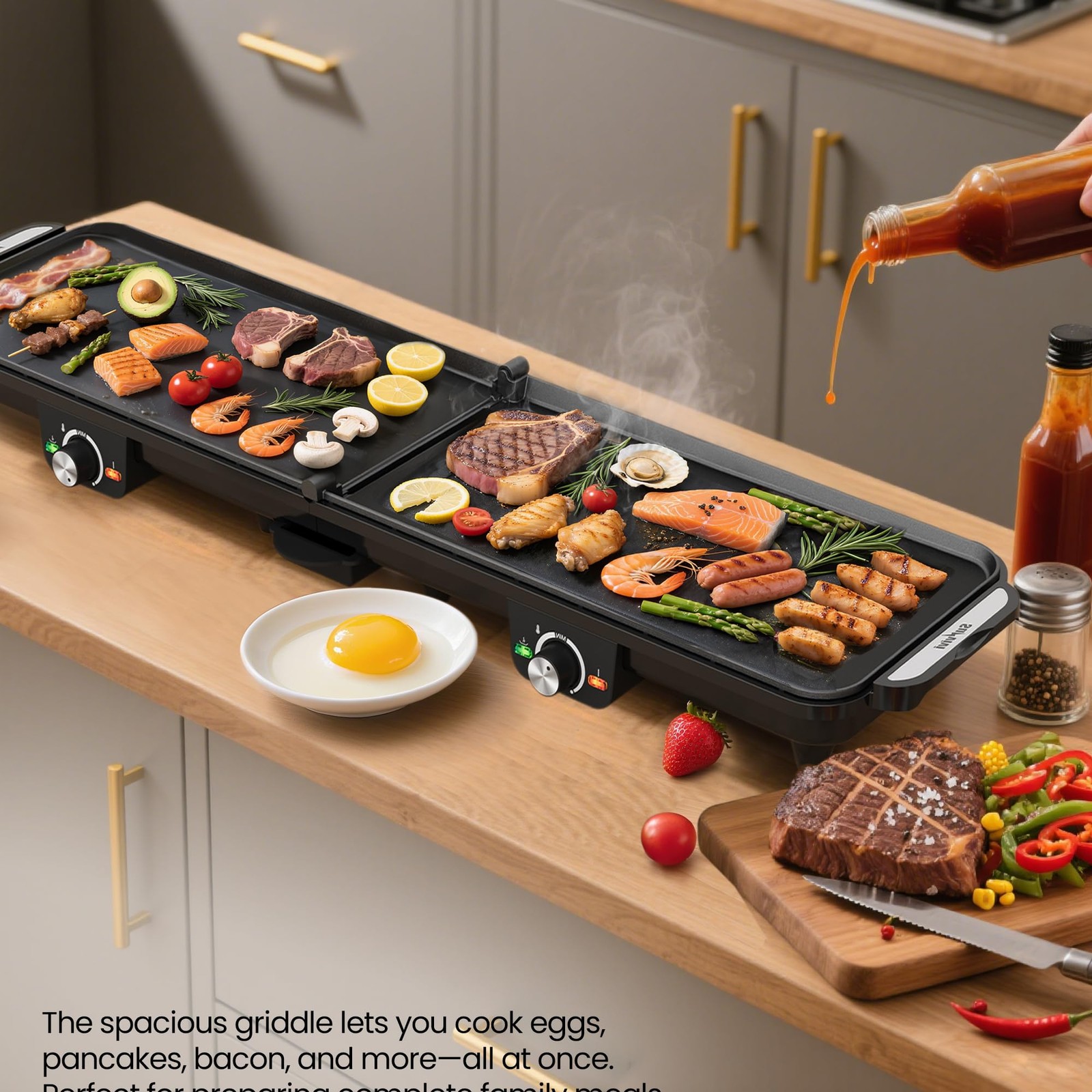 SUNVIVIPRO Electric Griddle 1600W 17.5″ x 9″ Nonstick 2 Zone Adjustable Temp