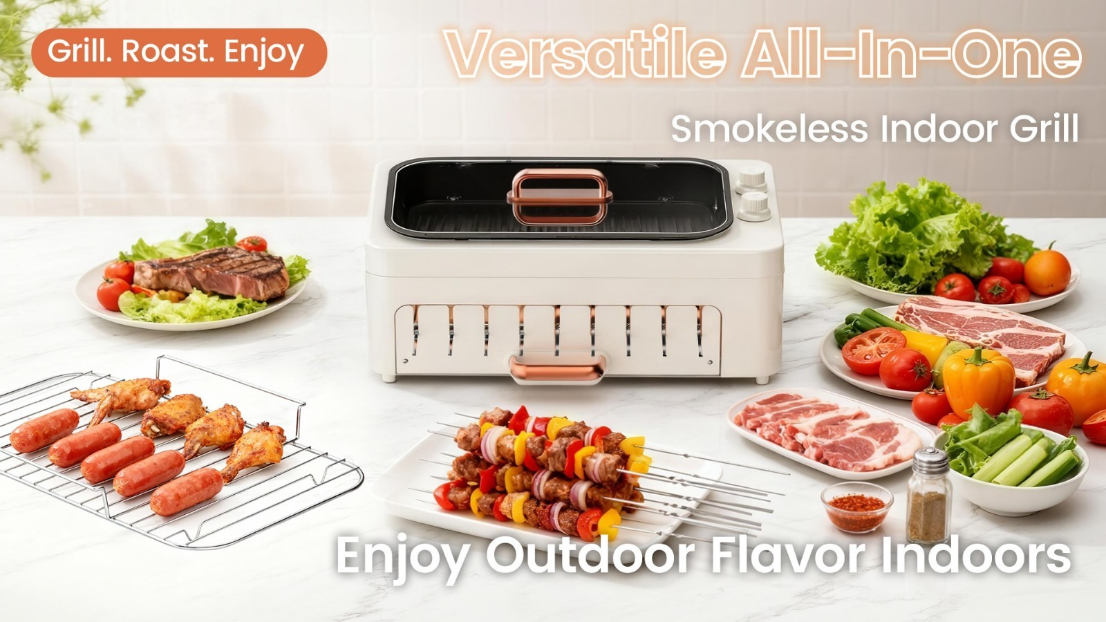 4in1 Indoor Electric Smokeless Grill BBQ with Non-Stick Pan Kabob Skewers hotdog