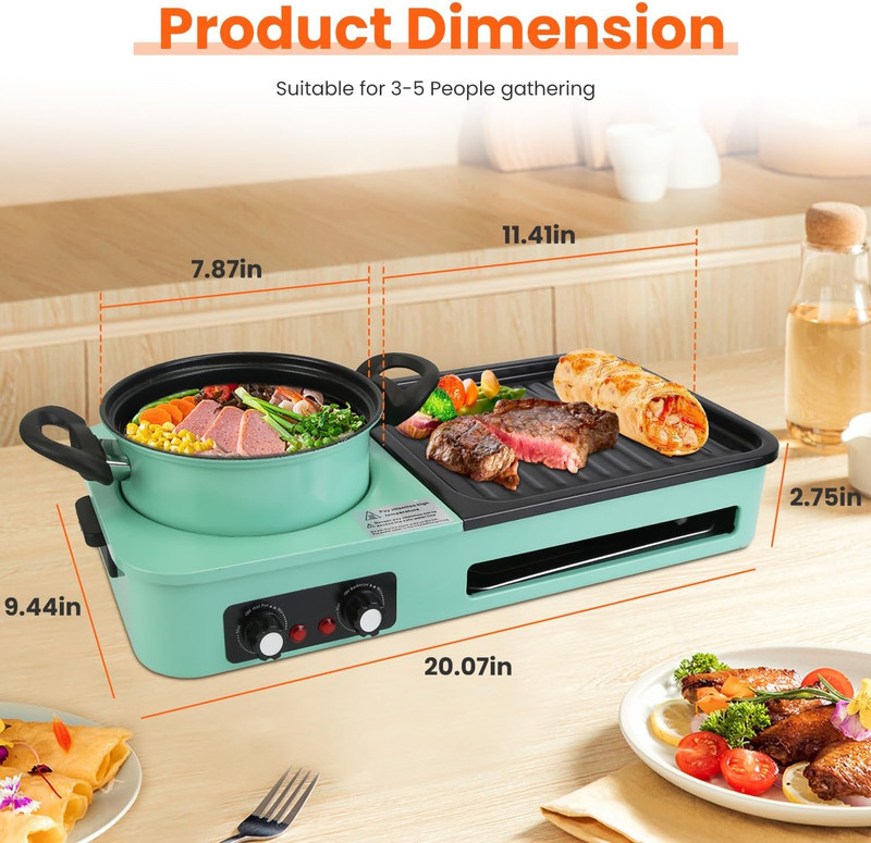 3 In 1 Electric Hot Pot Grill with Dual Temp Control 1600W Non-Stick Cooker Pan