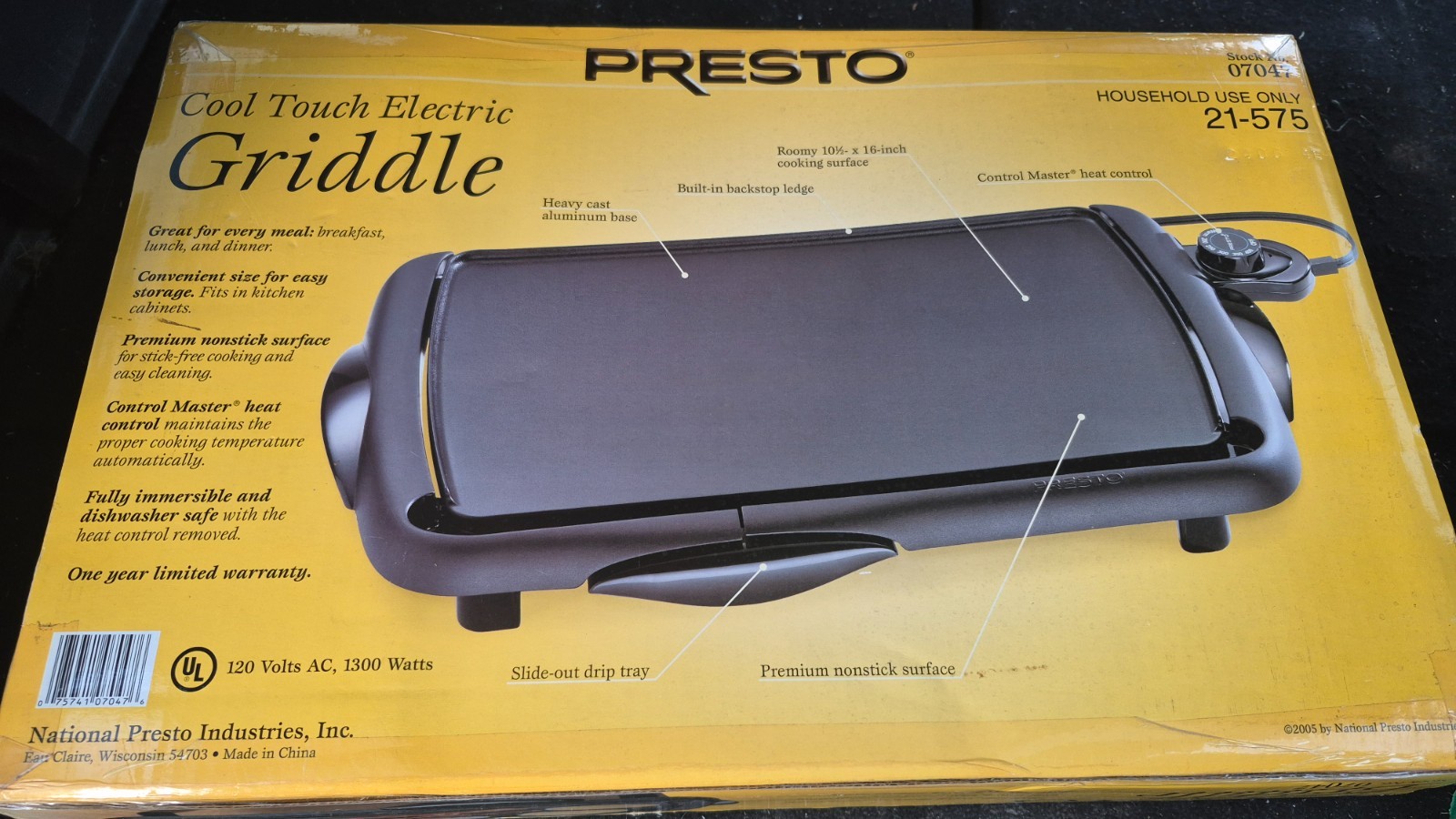 New In Box PRESTO #07047 COOL TOUCH ELECTRIC GRIDDLE 22-Inch Nonstick Black US