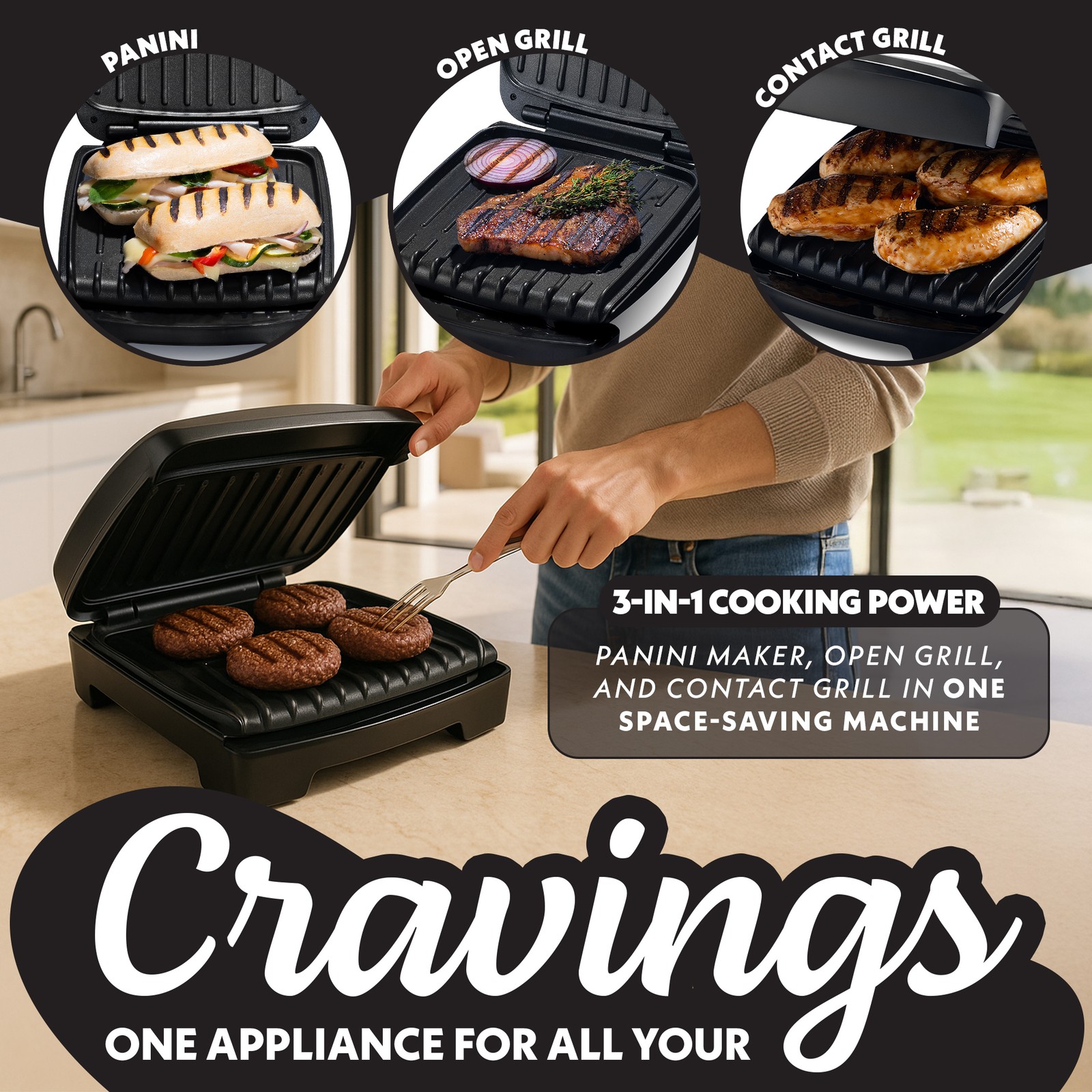 Gourmia Indoor Grill & Panini Maker, 4 Serving, Nonstick Ceramic with Drip Tray
