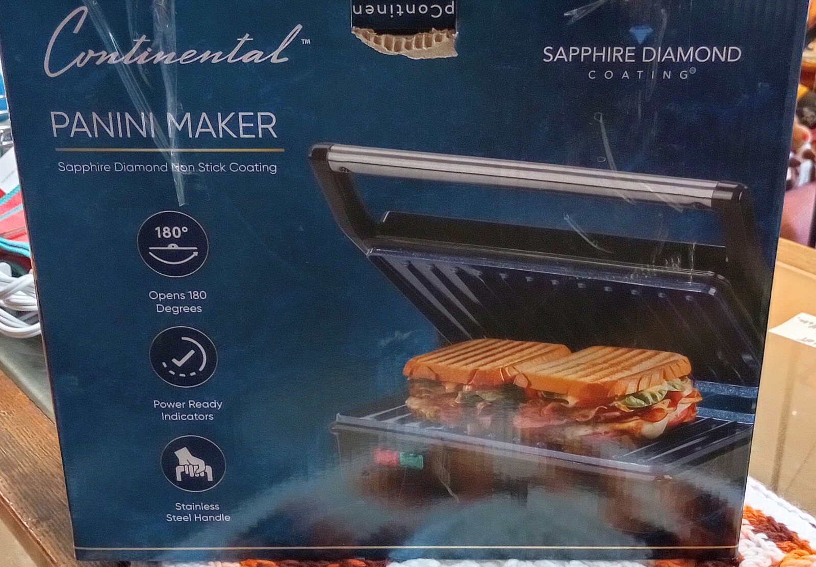 NEW in BOX Continental Electric Panini Grill w/SAPPHIRE Non-Stick Cooking Surfac