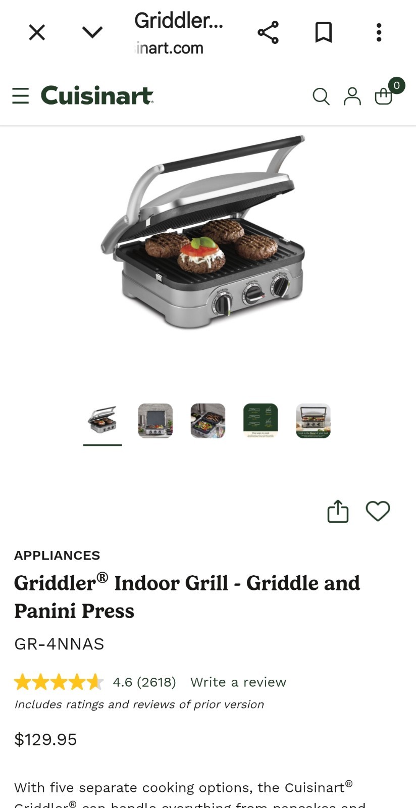 Cuisinart Griddler Indoor Electric Grill/Griddle Panini Press 1500W GR-4NNAS