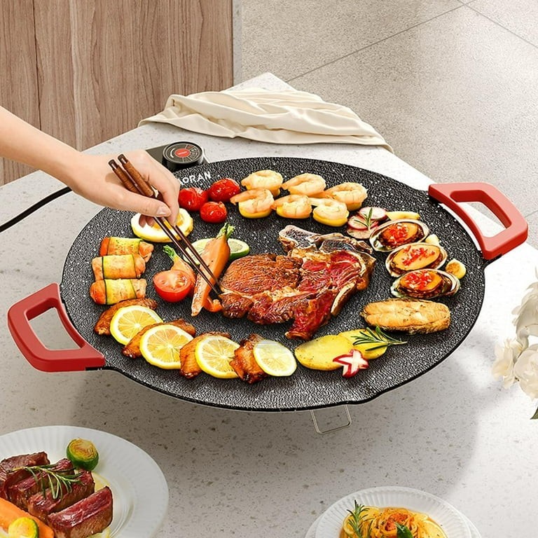 AORAN Electric Round Grill Griddle 14in 1200W Nonstick Temp Control Black/Red
