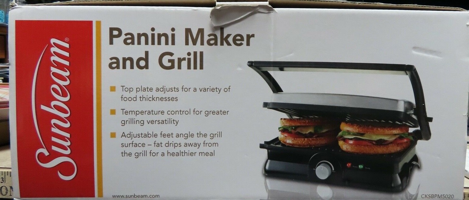 NEW SUNBEAM 2 IN 1 PANINI MAKER AND GRILL CKSBPM5020 ADJUSTABLE TOP PLATE & TEMP
