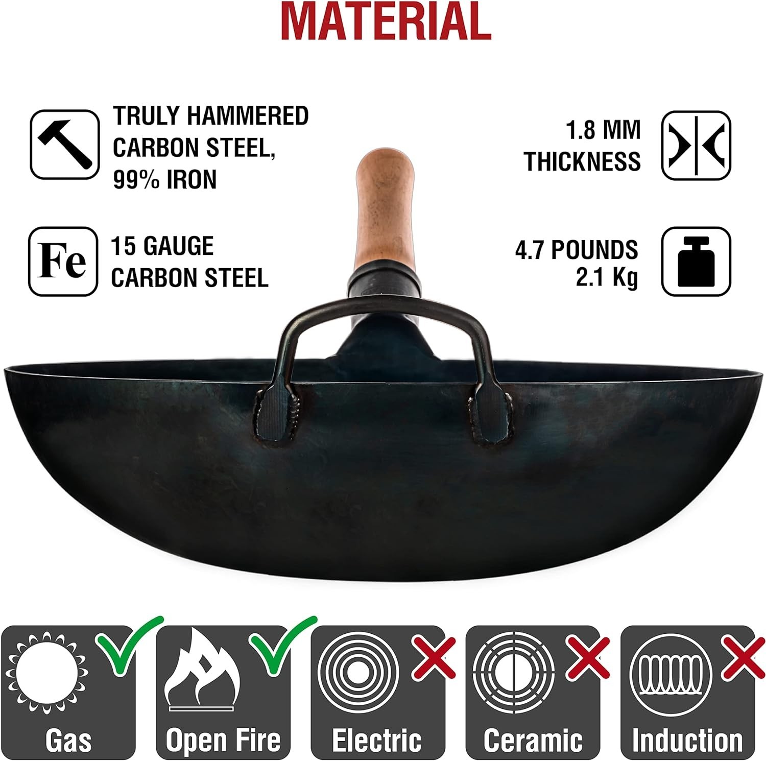 YOSUKATA 13.5 in Blue Carbon Steel Wok Pan, Pre-Seasoned Flat Bottom, Ergonomic