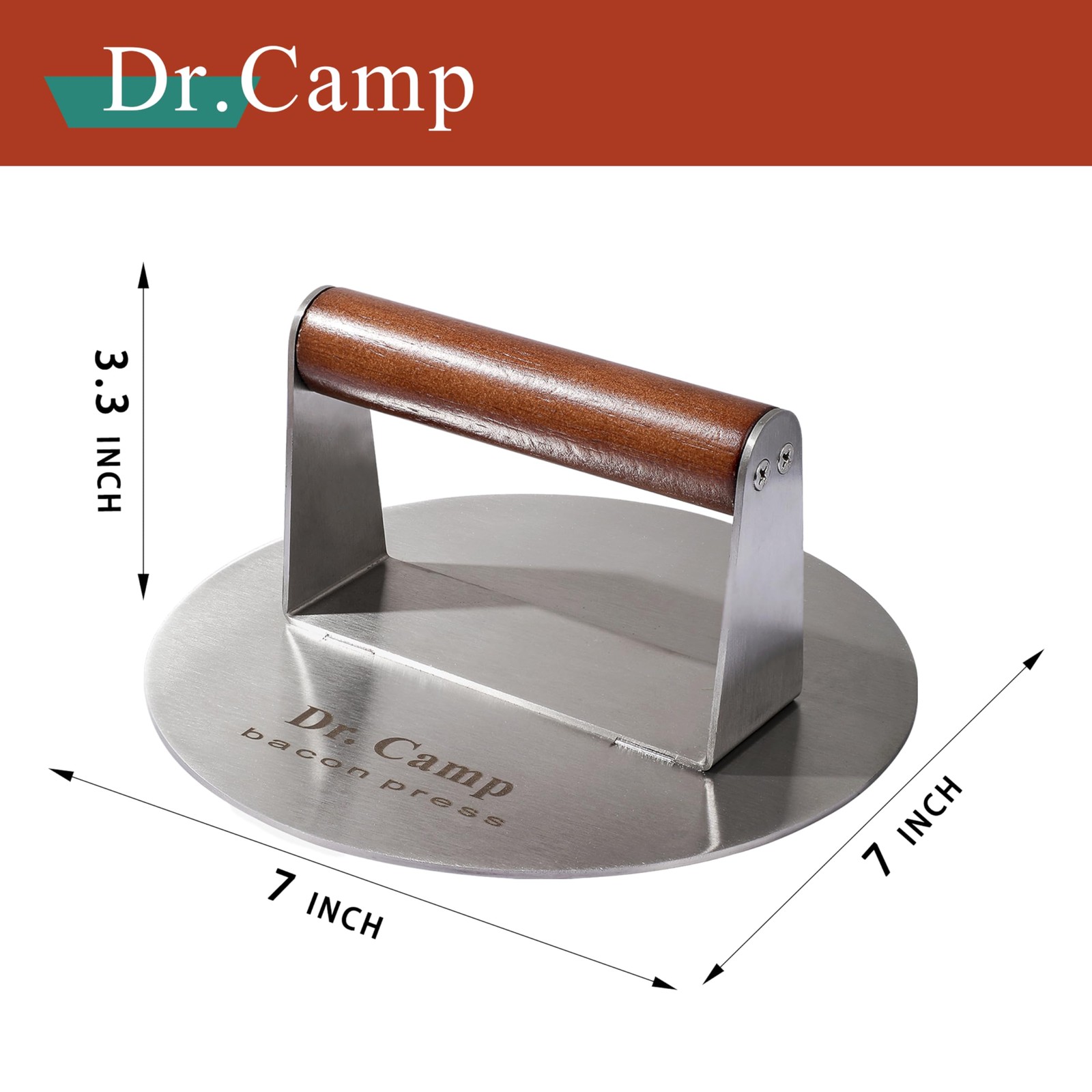 Dr.Camp 7 Inch Stainless Steel Smash Burger Press Smasher Bacon Silver