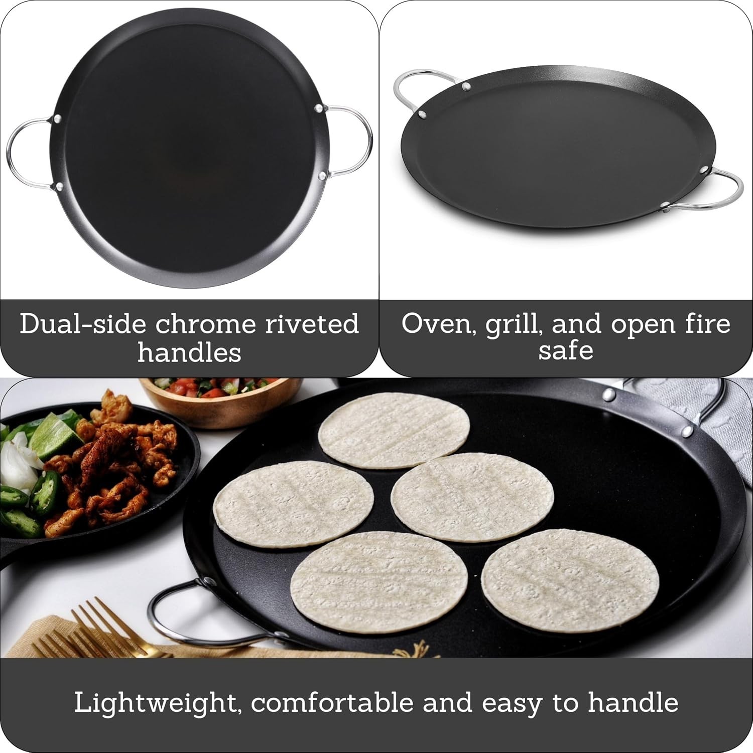 Lightweight 13.5in Carbon Steel Comal with Metal Handles – Ideal for Breakfast