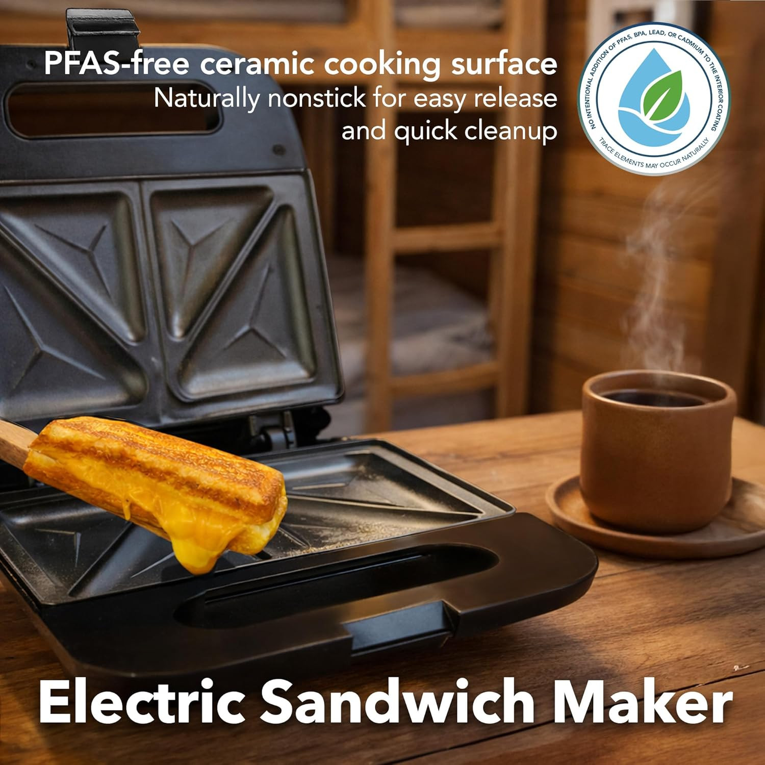 Electric Sandwich Maker with Non-Stick Plates, Indicator Lights, Cool Touch Hand