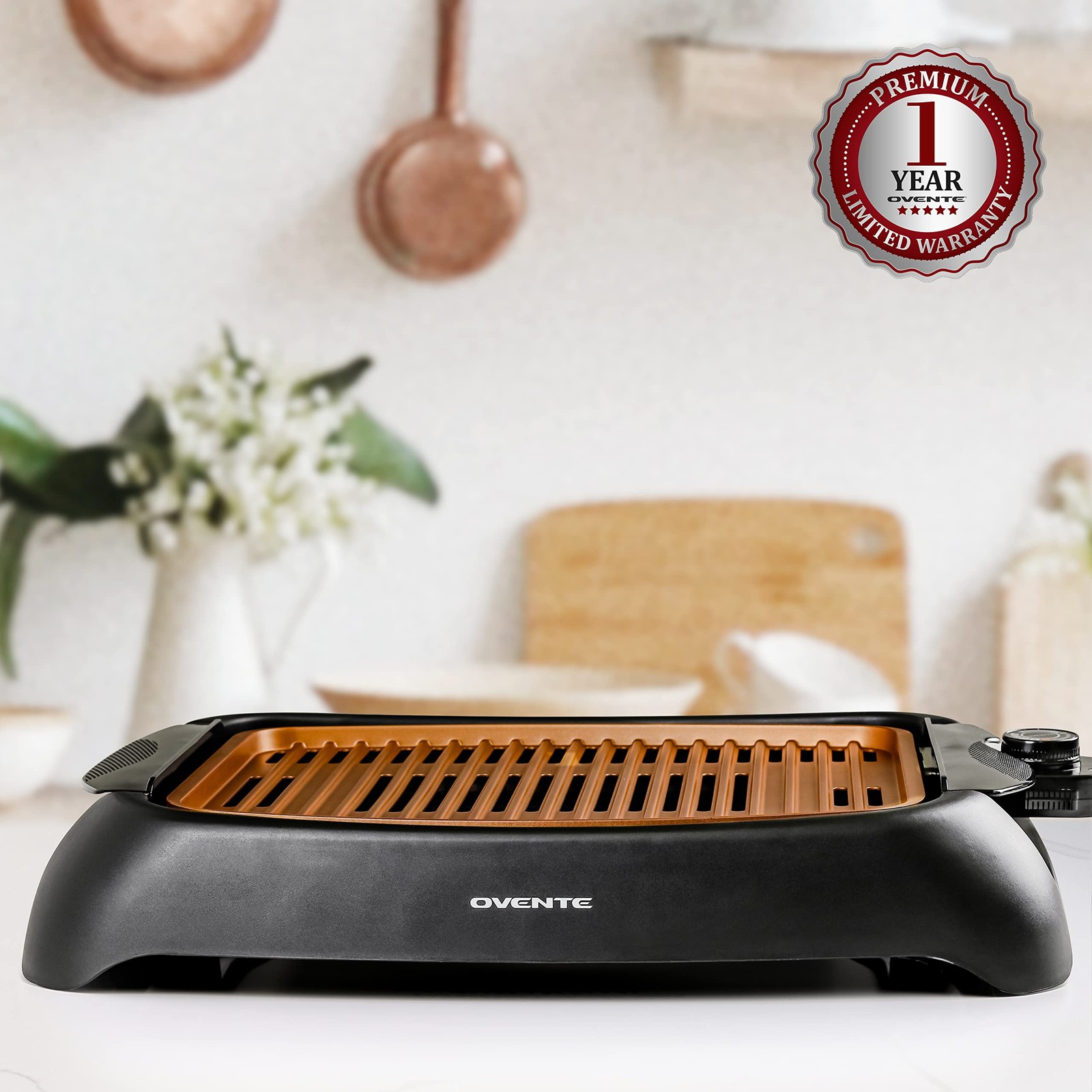 Ovente Electric Indoor Grill 13X10 Inch Non-Stick Cooking Surface 1000W Heat Up