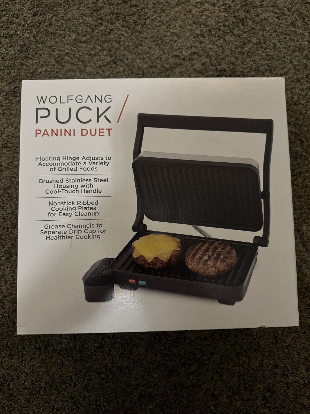 WOLFGANG PUCK Panini Duet Sandwich Maker Non-Stick Stainless Steel Open Box