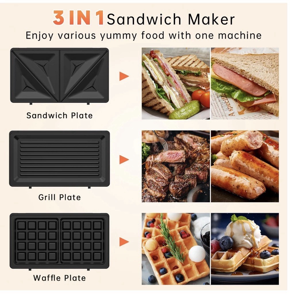 3-in-1 Sandwich Maker 1000W Panini Press Grill Waffle Non-Stick Black