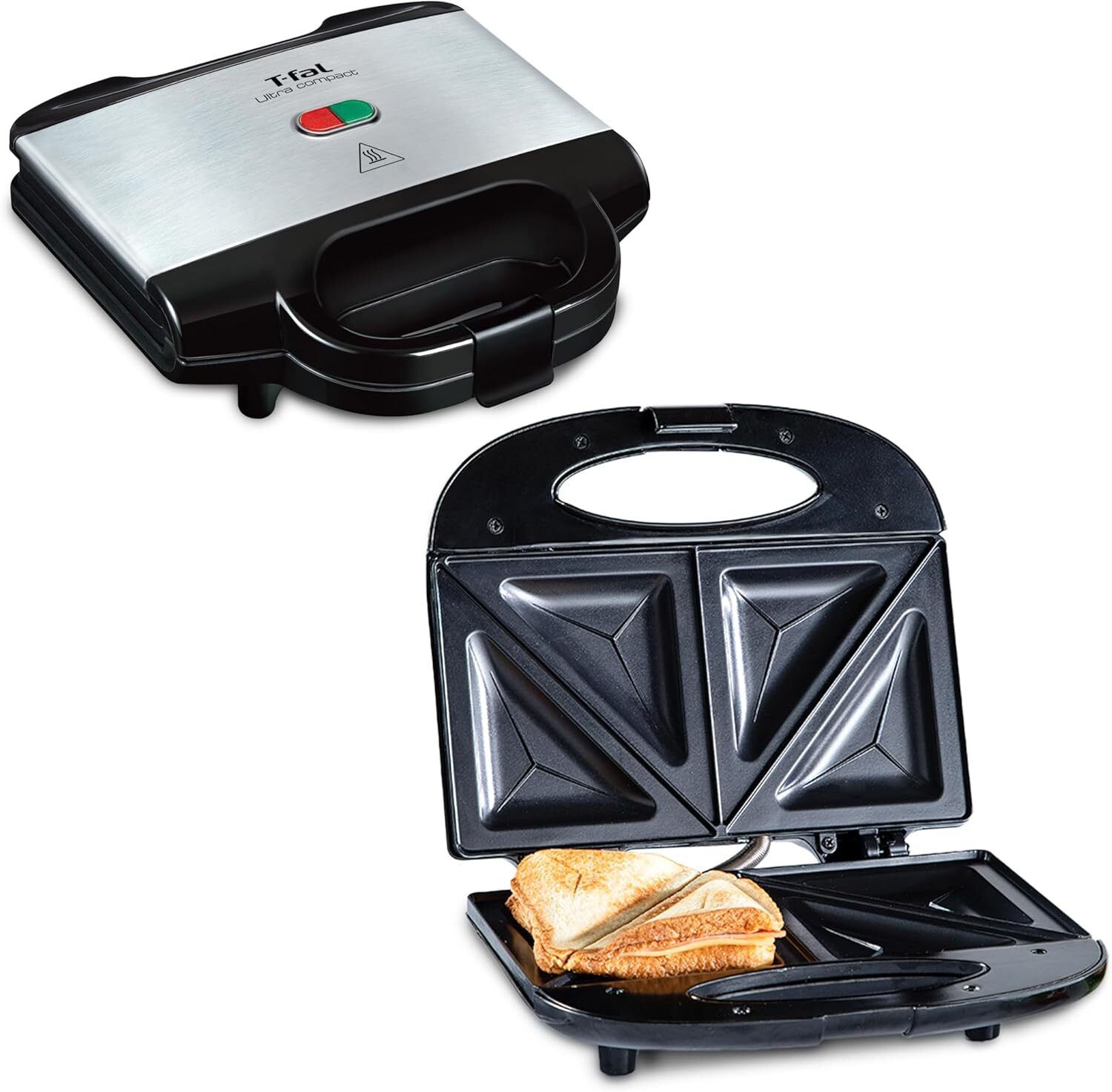 Compact sandwich maker, stainless steel, easy to clean