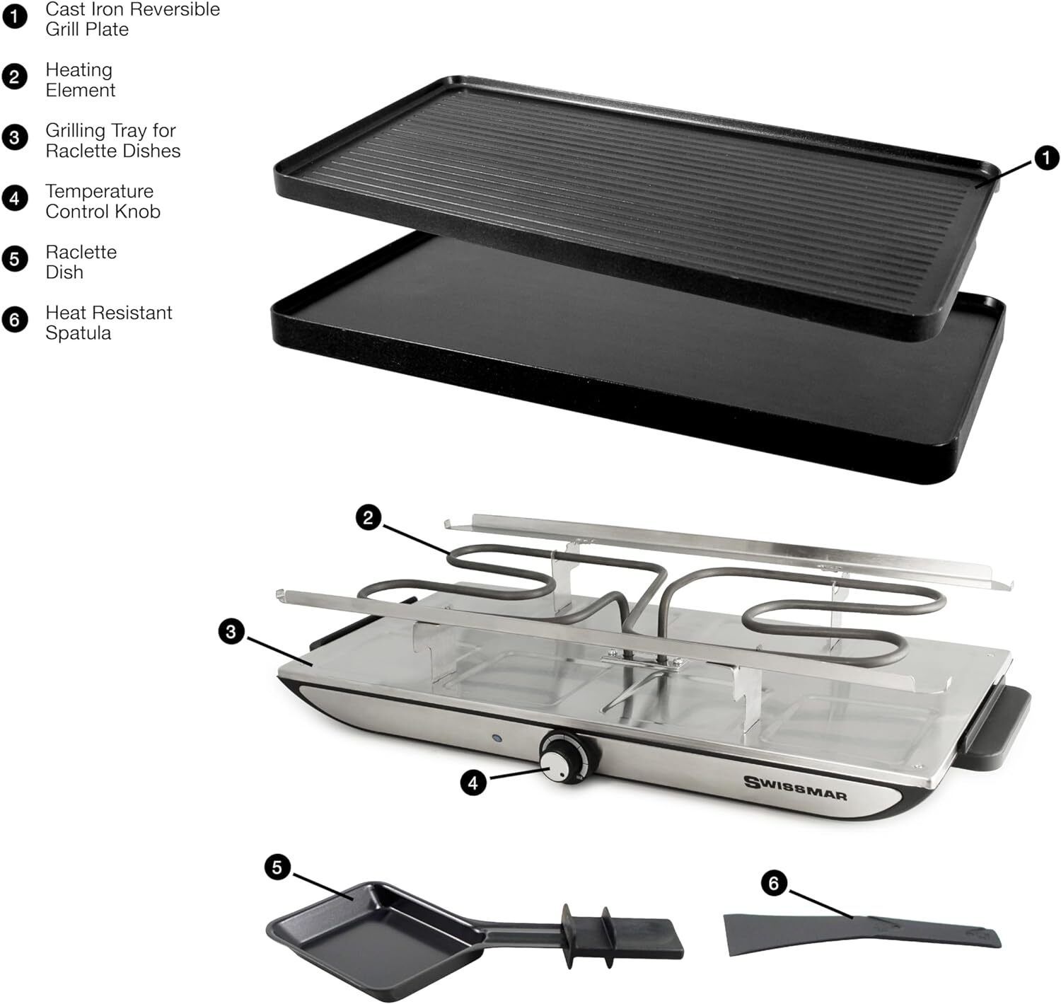 Swissmar Geneva Raclette with Reversible Cast Aluminum Grill 8 Person, Silver