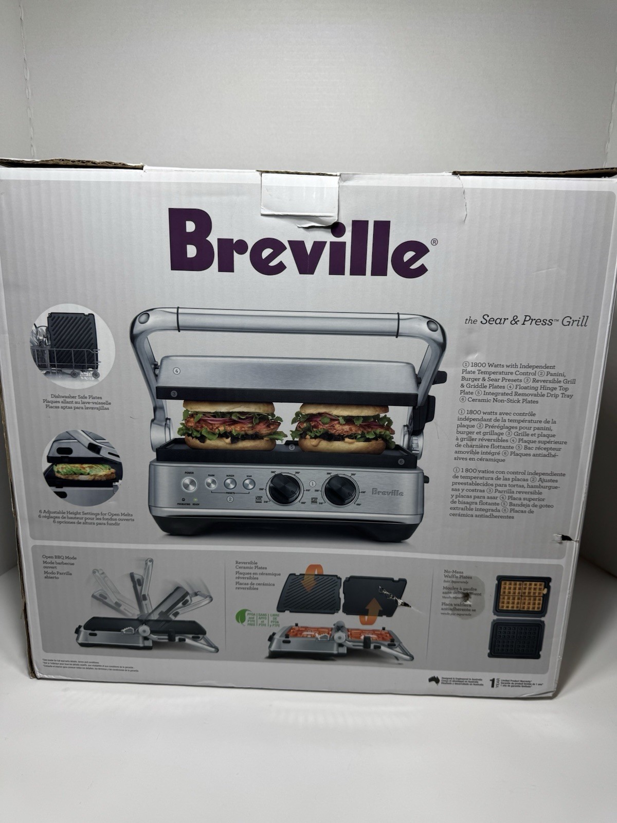 Breville Sear and Press Grill BGR700 Brushed Stainless Steel BRAND NEW