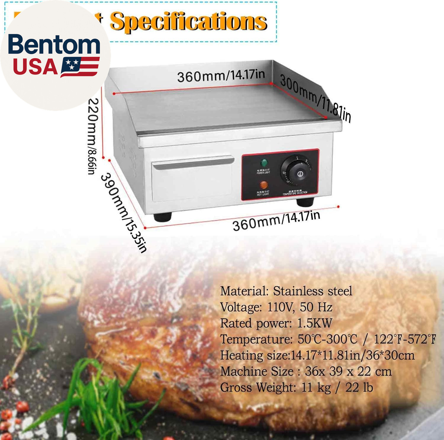 Stainless Steel Flat Griddle Grill, 1.5Kw Commercial Electric Griddle with Preci