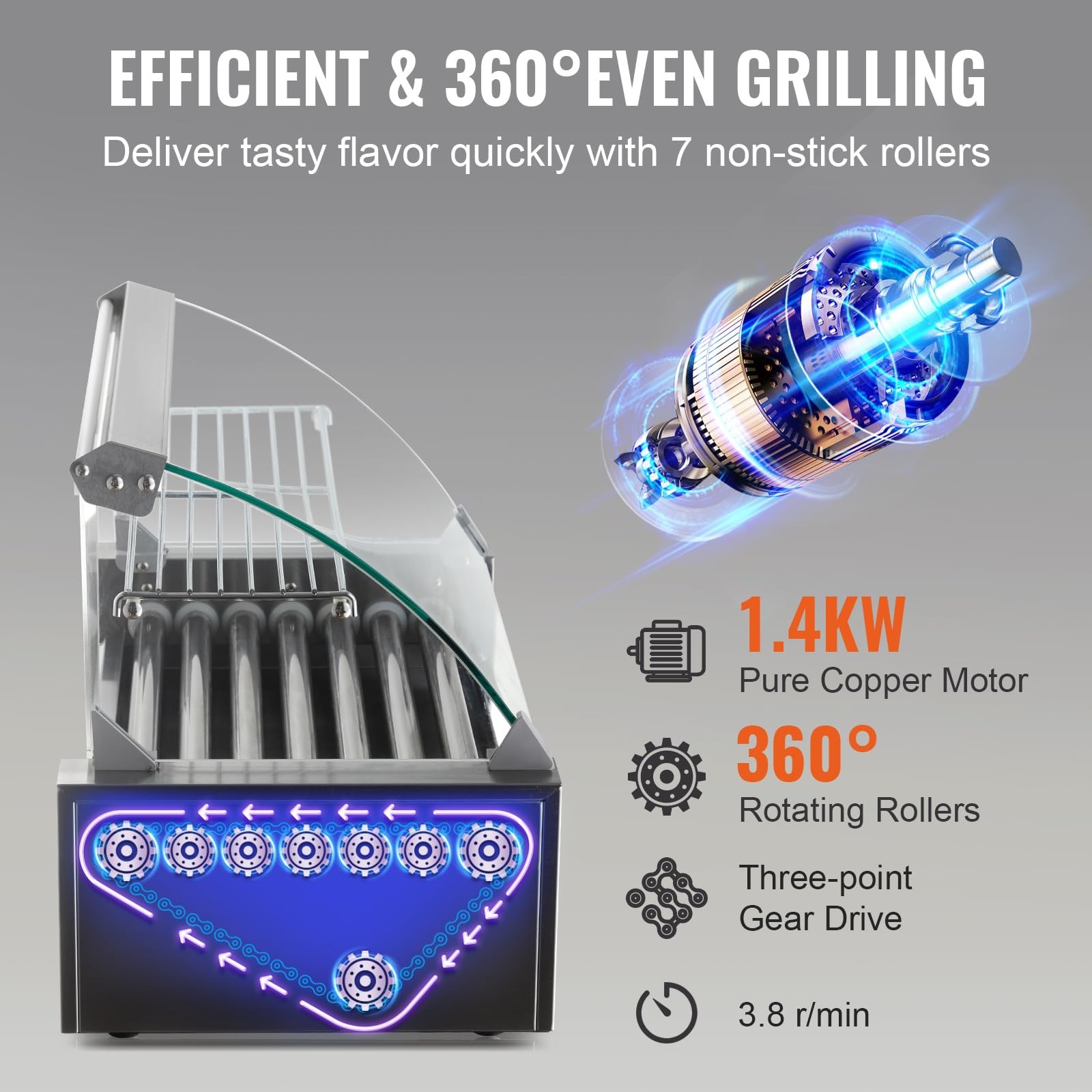 Hot Dog Roller 7 Rollers 18 Hot Dogs 1050W Stainless Steel Dual Temp Control