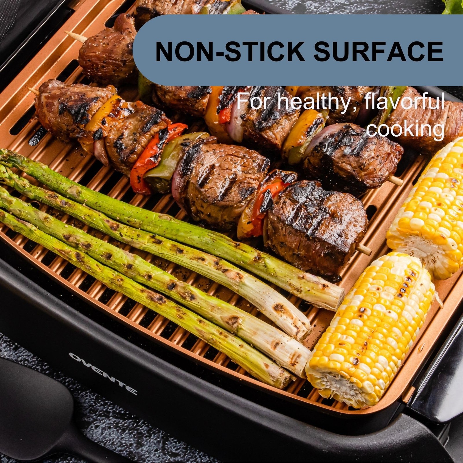 Ovente Electric Indoor Grill 13X10 Inch Non-Stick Cooking Surface 1000W Heat Up