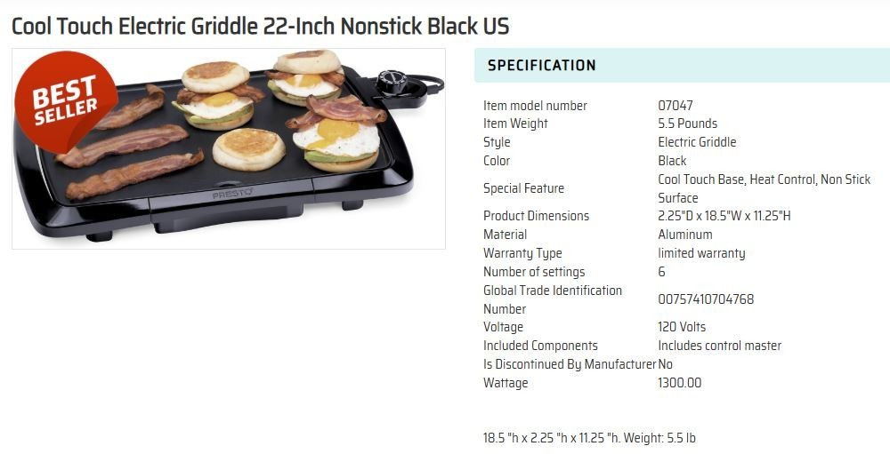 New In Box PRESTO #07047 COOL TOUCH ELECTRIC GRIDDLE 22-Inch Nonstick Black US