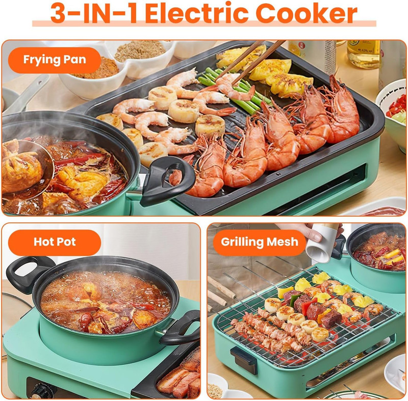 3 In 1 Electric Hot Pot Grill with Dual Temp Control 1600W Non-Stick Cooker Pan