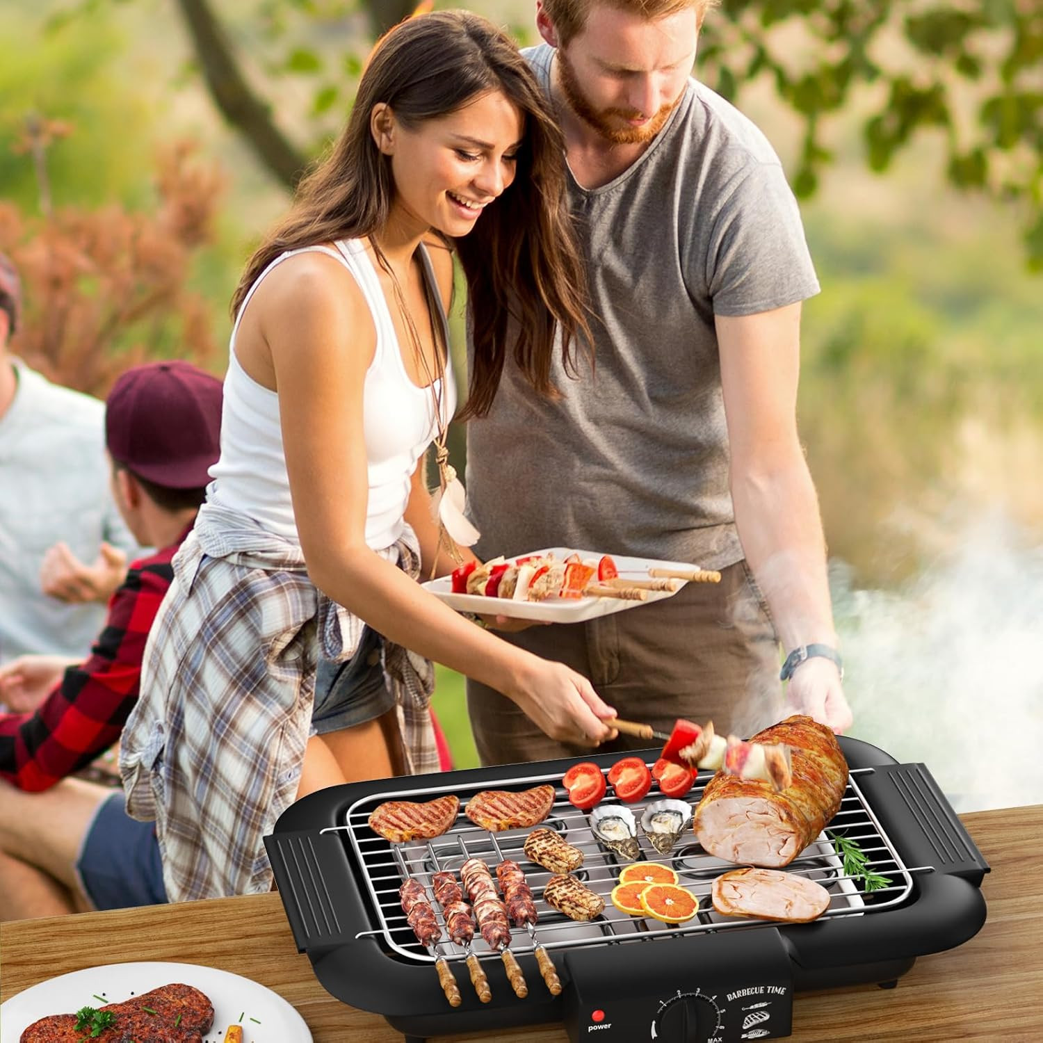 Electric BBQ Grill, Smokeless Non-Stick Indoor/Outdoor Barbecue Grill, 2000W Dou