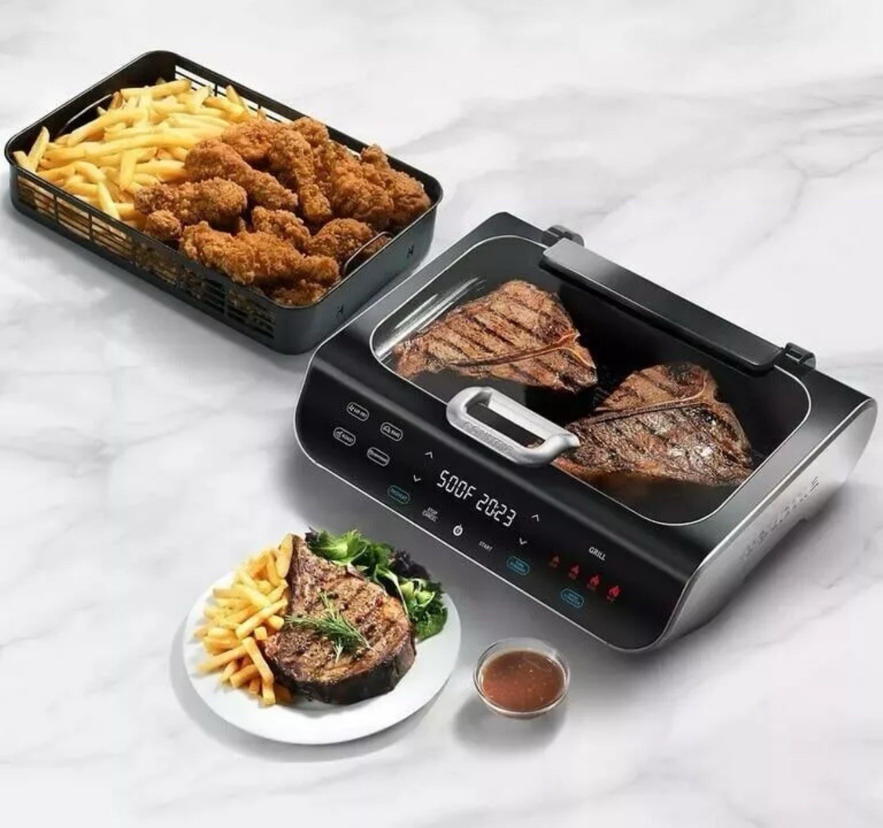 New Gourmia GGA2120 FoodStation Indoor Smokeless Grill 5 In 1 And Air Fryer