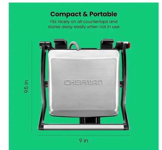Chefman 3-in-1 Panini Press & Grill,4-Slice Non-Stick,Opens Flat-Stainless Steel