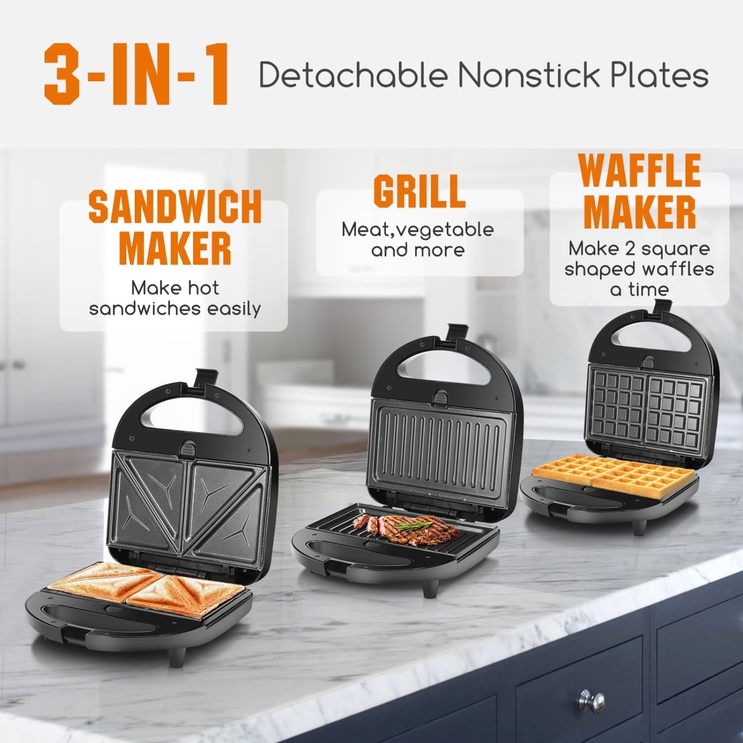 Aigostar 3 In 1 Sandwich Maker Panini Press Waffle Maker 750W