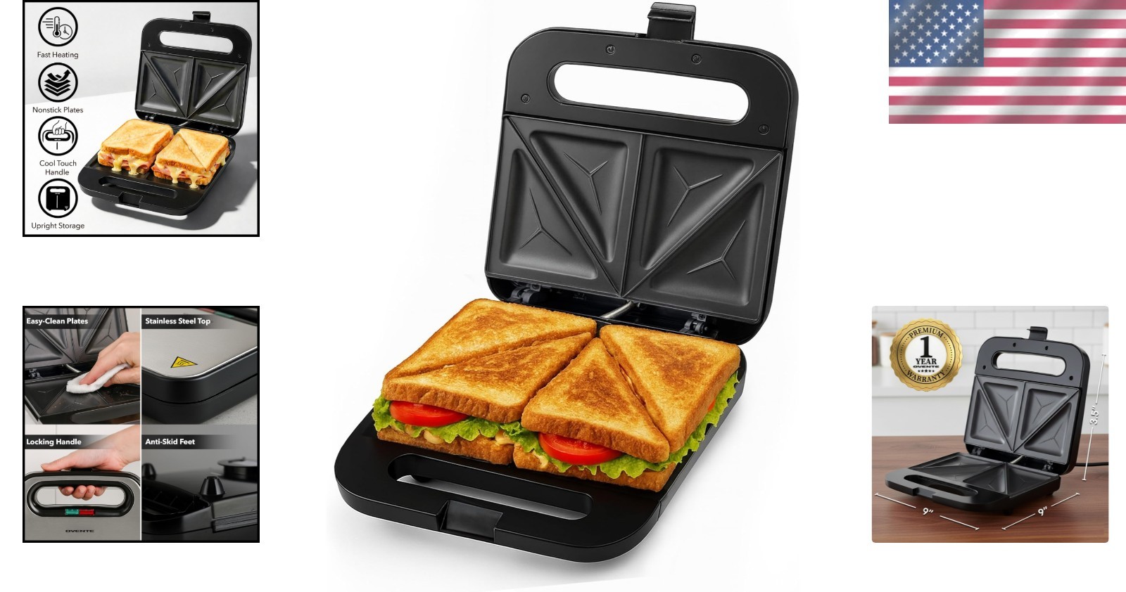 Ovente Electric Sandwich Maker – 750W Non-Stick Plates, Cool Touch Handle, Black