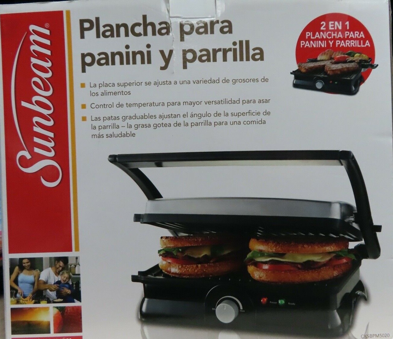 NEW SUNBEAM 2 IN 1 PANINI MAKER AND GRILL CKSBPM5020 ADJUSTABLE TOP PLATE & TEMP