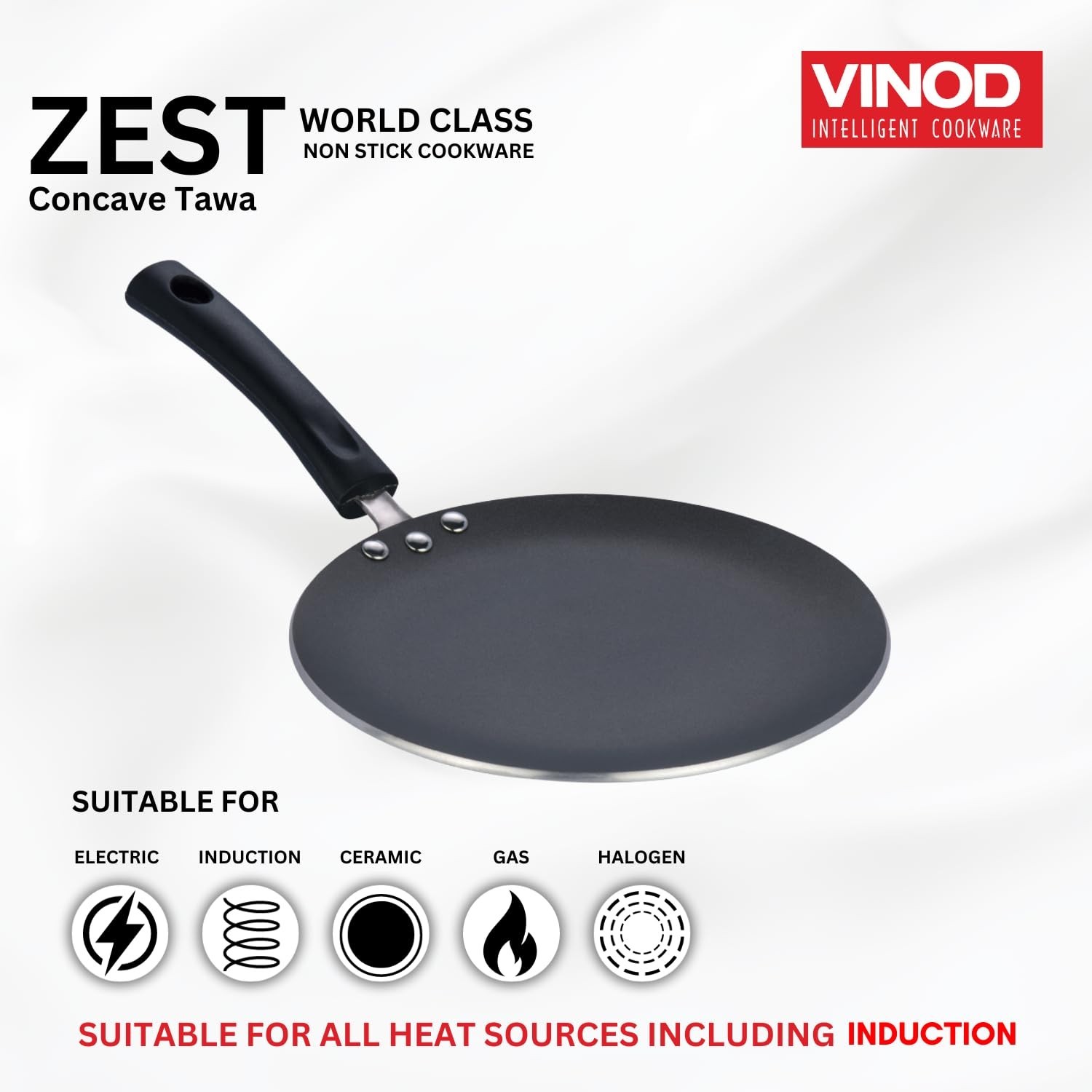 Vinod Zest 26.5cm Nonstick Concave Tawa, Induction & Gas, PFOA-Free Red