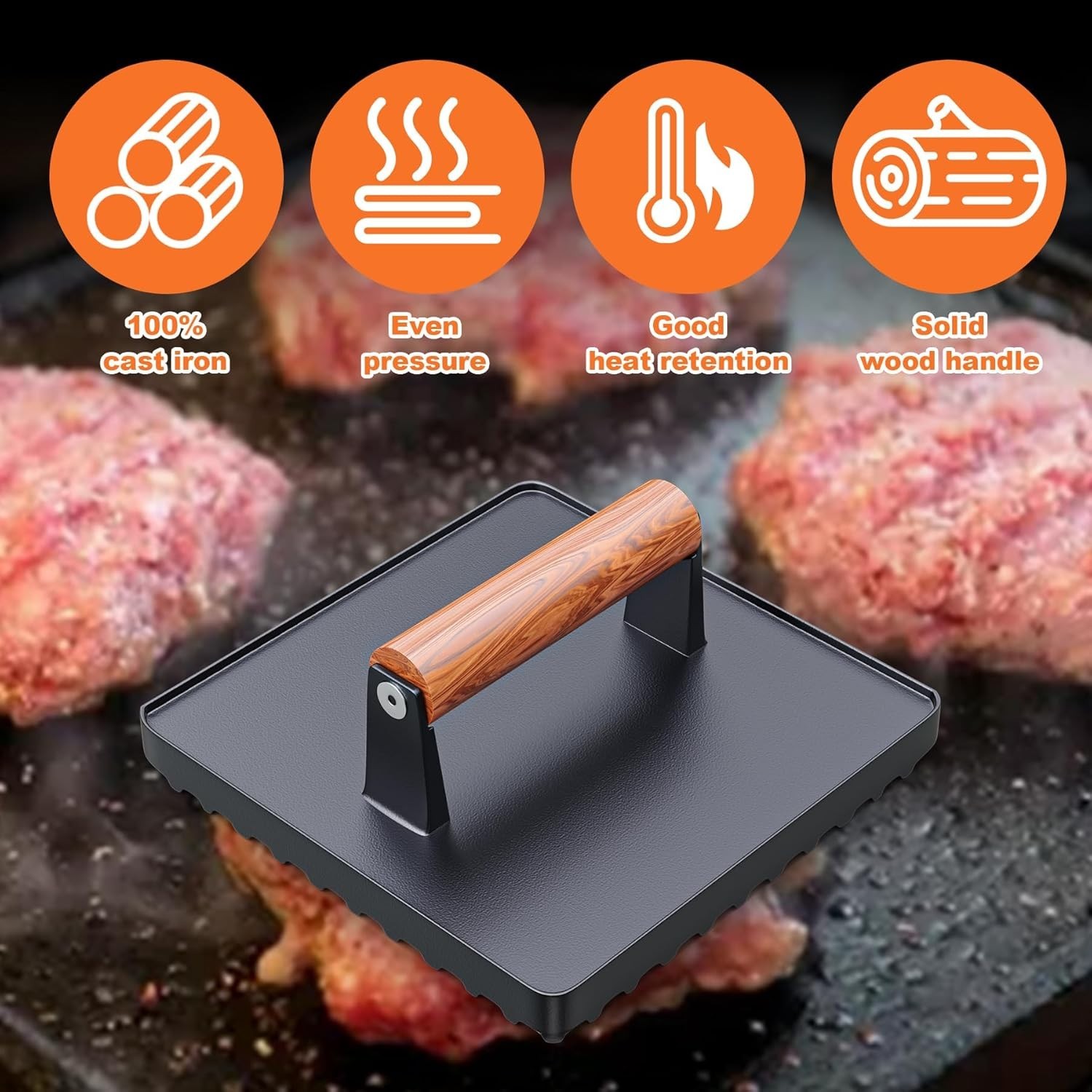 Grill Press Set 10 in Square Cast Iron Large for Griddle BBQ