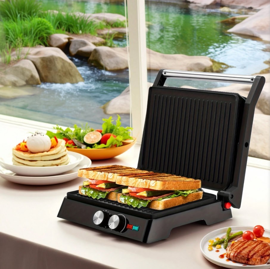 Electric Panini Press Grill Sandwich Maker Ceramic Coated Countertop Black