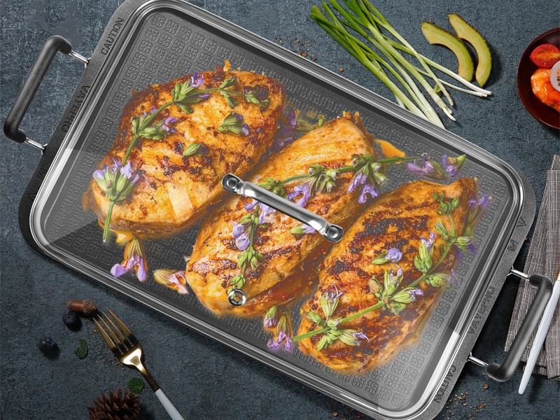2-Burner Griddle Pan with Glass Lid – Nonstick Stovetop Griddle for Gas & Glass