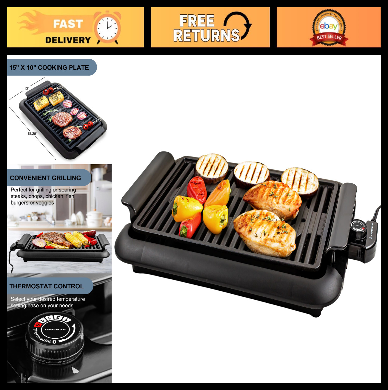 Indoor Electric Grill 15×10 Non-Stick Plate, 1200W Fast Heat, Adjustable Temp, D