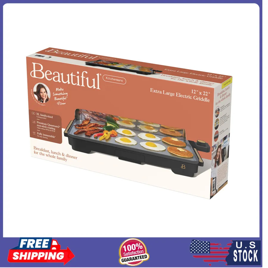 Beautiful Drew Barrymore XL Electric Griddle 12 x 22 Nonstick Black Sesame