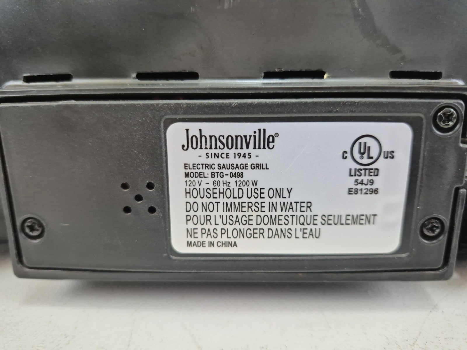 Johnsonville Sizzling Sausage Electric Grill BTG-0498 CLEAN TESTED No Drip Tray