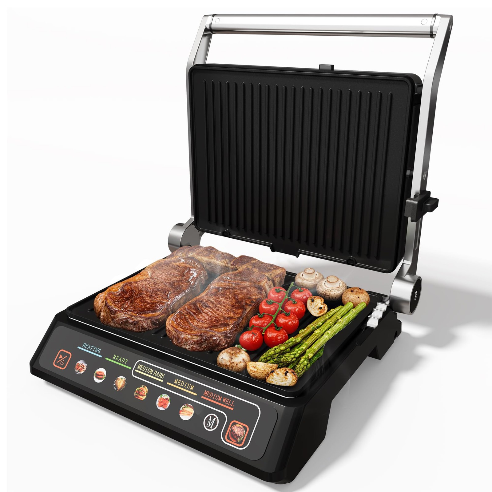 Sunvivi Indoor Grill & Griddle with Preset Menu, 1600W Electric Panini, Black